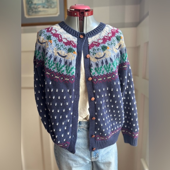 Northern Isles Sweaters - Navy Fair Isle Duck Classic Knit Button-Up Cardigan Sweater Large